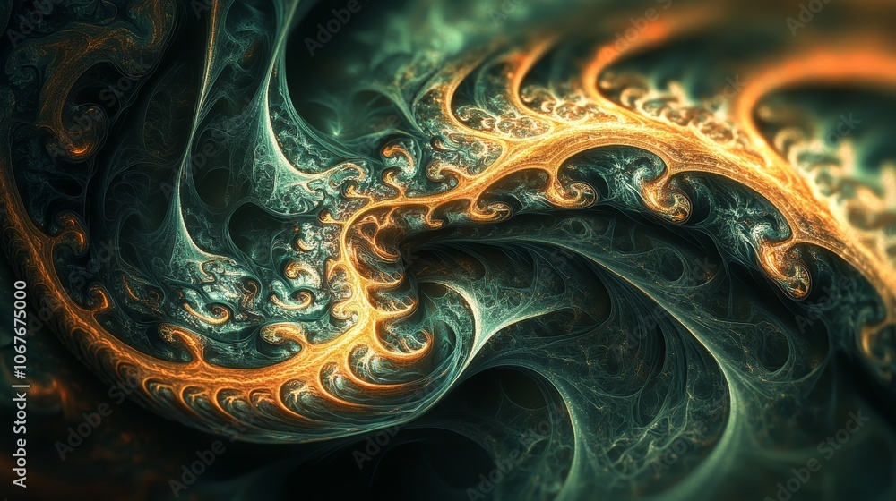 Poster a sophisticated fractal pattern displaying intricate golden swirls against a moody backdrop, represe