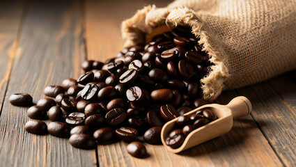 Dark roasted coffee beans spilling from a burlap sack onto a rustic wooden table, evoking rich aroma and premium quality