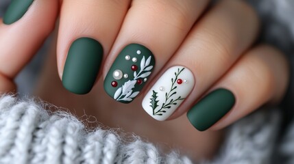 sophisticated holiday nails in deep red, green, and white, with hand painted holly leaves and gold foil details