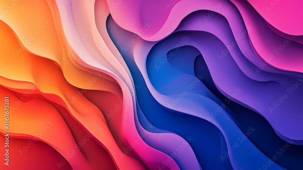 Poster this image features an abstract design of flowing waves in vivid orange and blue hues, showcasing a 
