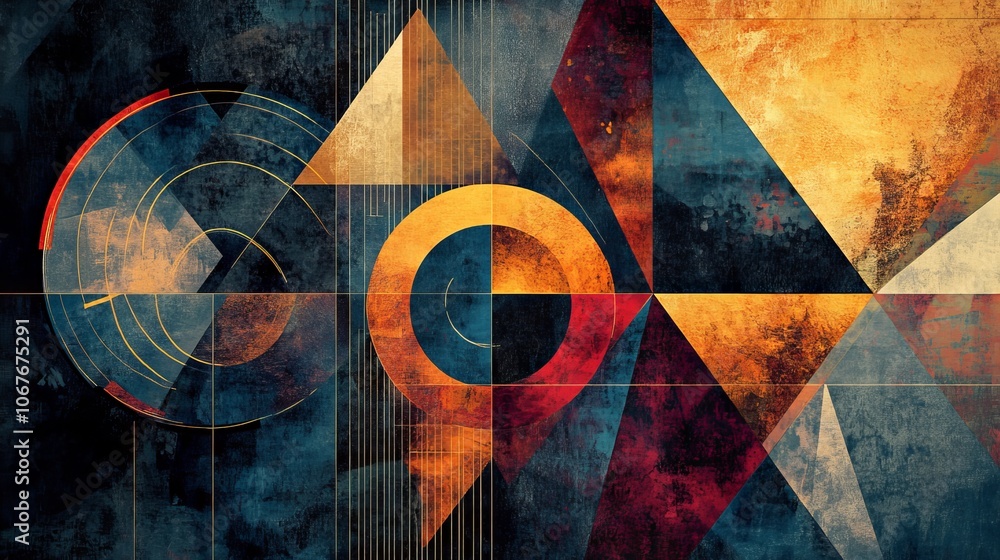 Poster a visually striking abstract geometric composition featuring vibrant triangles and circles set again