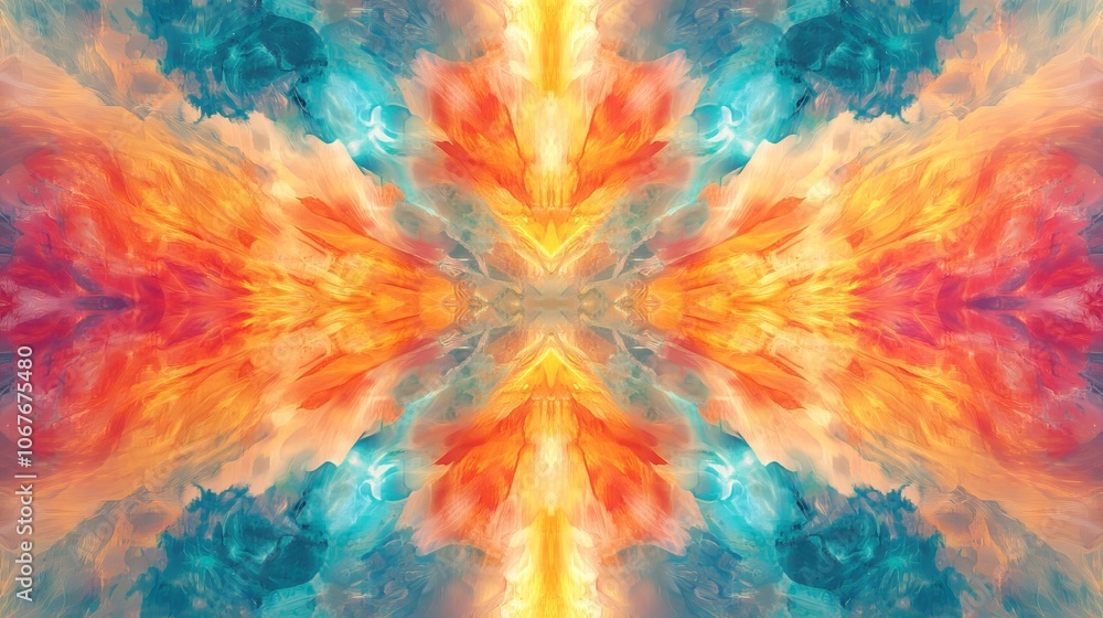 Poster this kaleidoscopic image features a vibrant fusion of colors resembling a fiery bloom, evoking a sen