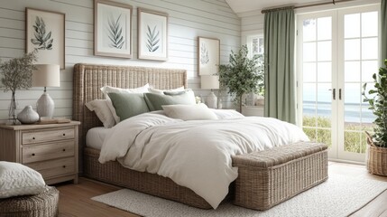 Fototapeta premium Coastal Bedroom with Wicker Bed and Ocean View