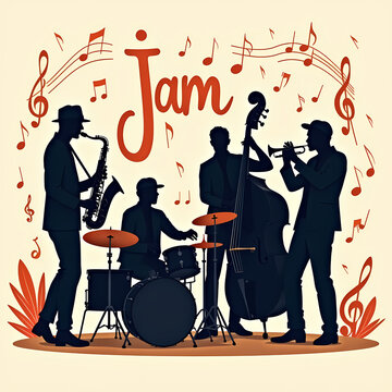 Jazz band jam session with musicians and musical notes