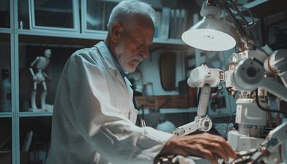 Genius inventor. Serious elderly man standing near the robot while working on his new project