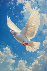 Fototapeta premium A captivating scene of a dove gracefully soaring across a deep blue sky, as the setting sun casts warm hues on the horizon, creating a tranquil and peaceful ambiance.