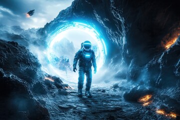 Obraz premium astronaut exploring alien landscape through glowing portal, surrounded by rocky terrain and mysterious light, futuristic space travel concept, extraterrestrial environment with rugged mountains