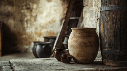 Fototapeta premium Rustic pottery and barrels in antique setting