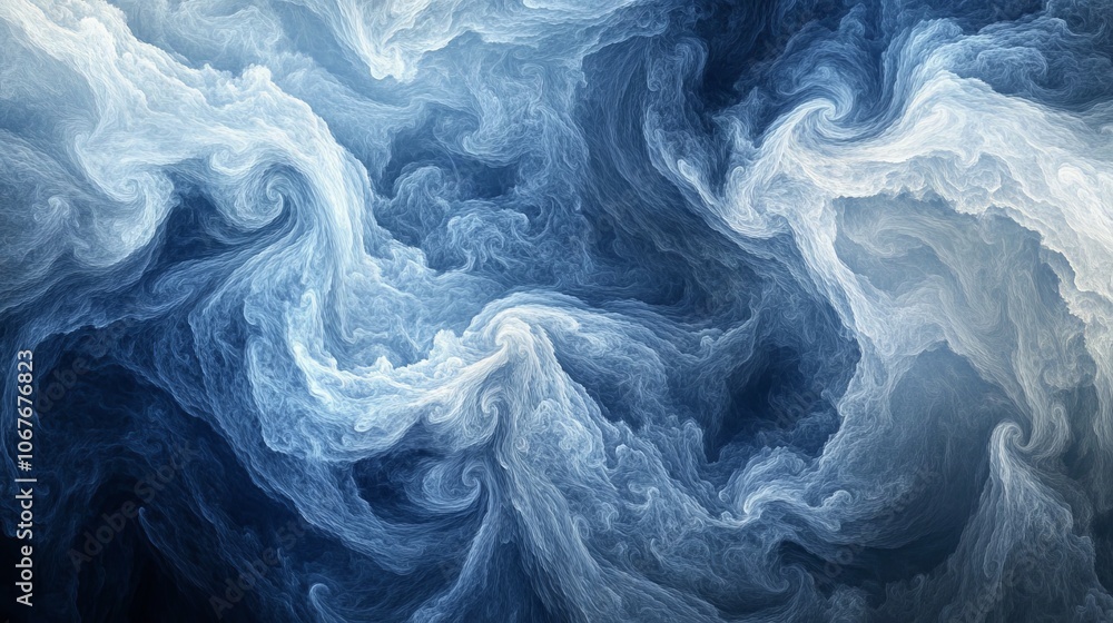 Poster flowing abstract pattern featuring swirling blue and white hues, blending together seamlessly to cre