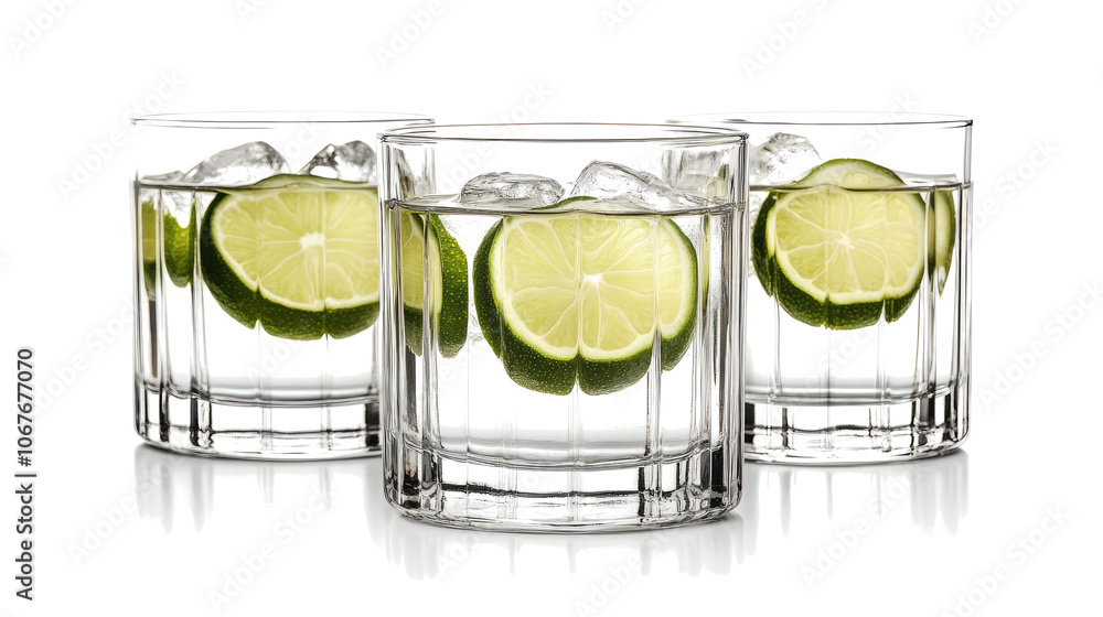 Poster refreshing gin tonics with lime slices in clear glasses generative ai