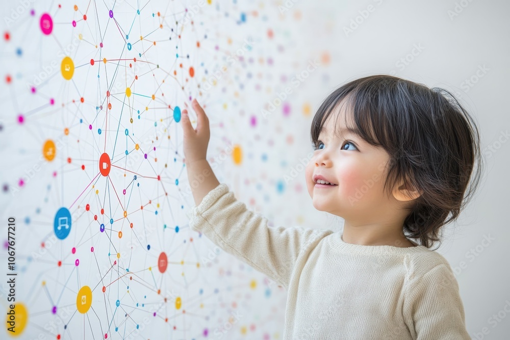 Poster curious toddler exploring colorful connection patterns on a wall in a bright indoor space