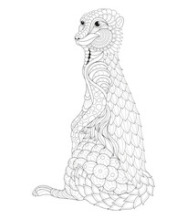 Vector illustration of black and white portrait image with meerkat. Drawn in zentangle style for t-shirt design or tattoo. Anti-stress coloring page with wild nature.