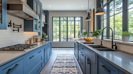 Modern kitchen interior with blue cabinets, stainless steel countertops, and black accents.