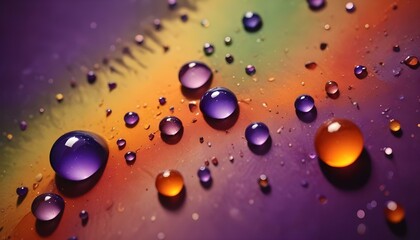 a macro shot of iridescent paint droplets in varying hues of purple, green, and orange merging on a rough canvas surface create with ai