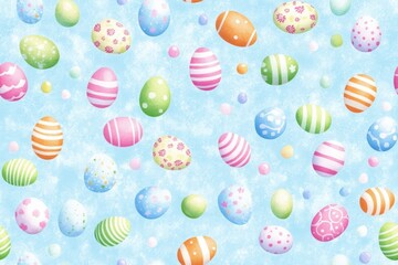 Obraz premium A seamless pattern of pastel-colored Easter eggs with leaf and dot accents, creating a festive and playful spring design.