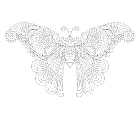 Vector illustration of black and white portrait image with butterfly. Drawn in zentangle style for t-shirt design or tattoo. Anti-stress coloring page with wild nature.