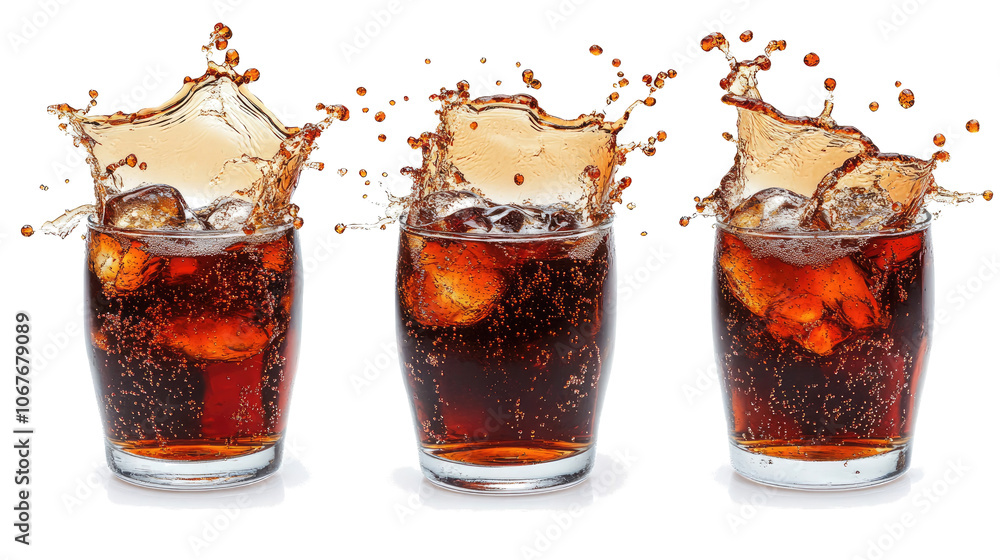 Poster glasses of cola with splashes isolated on transparent background generative ai