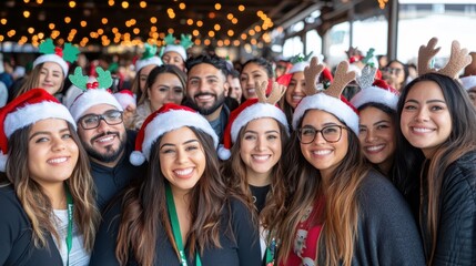 Obraz premium Diverse group of friends laughing together in matching red Christmas sweaters. Concept: friendship, holiday cheer, togetherness