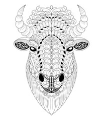 Vector illustration of black and white portrait image with bull. Drawn in zentangle style for t-shirt design or tattoo. Anti-stress coloring page with wild nature.