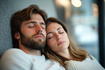 Fototapeta premium A couple resting together peacefully in a cozy indoor setting during daylight hours