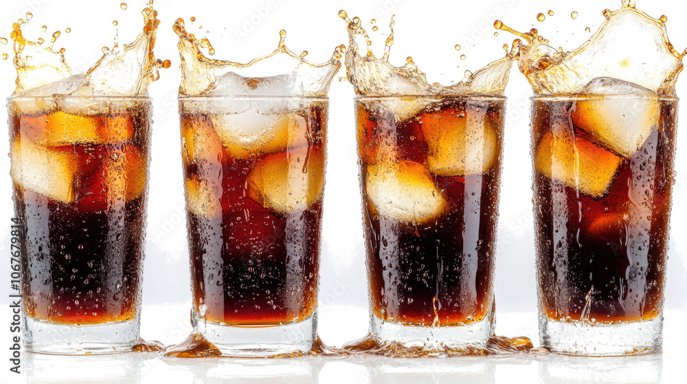 Poster refreshing glasses of cola with splashes on a clear background generative ai