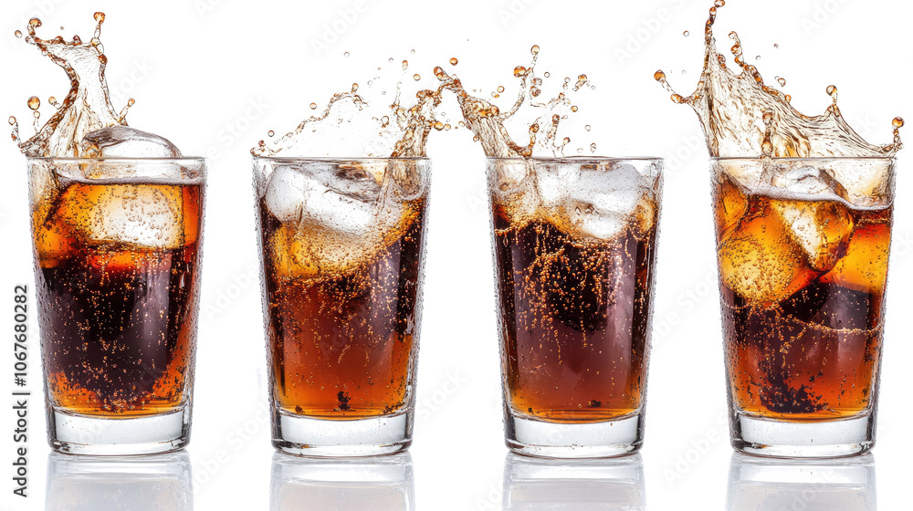Poster refreshing cola glasses with ice and splashes on a clear background generative ai