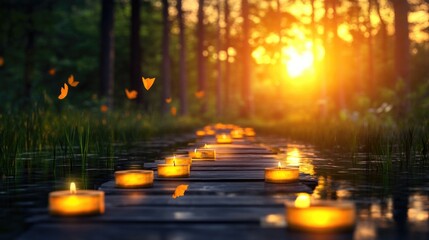 Memorial candle pathway at sunset in tranquil forest setting