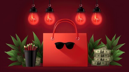 Anti-corruption concept art with shopping bag and money under red light