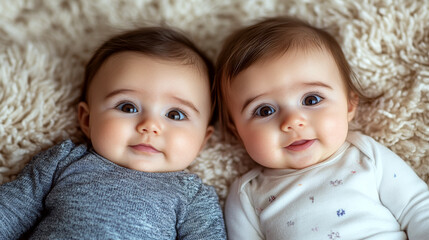 Two babies lie side by side on a soft, fluffy blanket, looking at the camera. Concept of innocence, warmth, and togetherness.