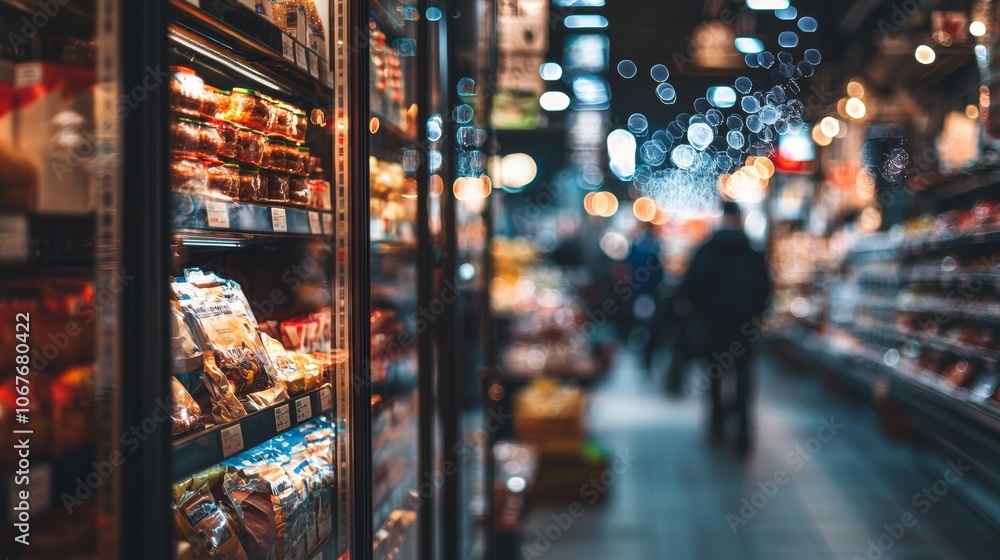 Poster blurred grocery store aisle with lights and bokeh effect