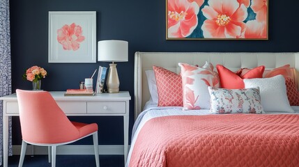 Modern Bedroom Interior with Coral Accents and Floral Artwork