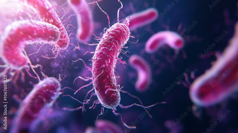 Poster a close-up microscopic depiction of pink bacteria floating in a dark background, accentuating their 