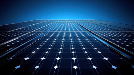 A low-angle view of a large solar panel array, with rows of panels extending to the horizon under a clear blue sky.