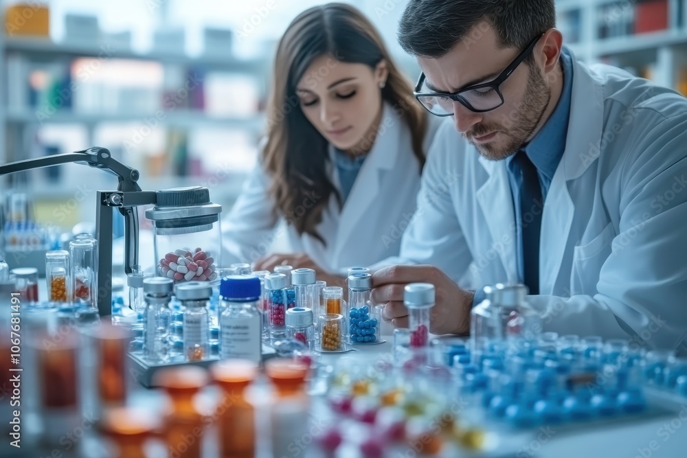 Aufkleber scientists conducting research in a laboratory, analyzing samples and collaborating on experiments