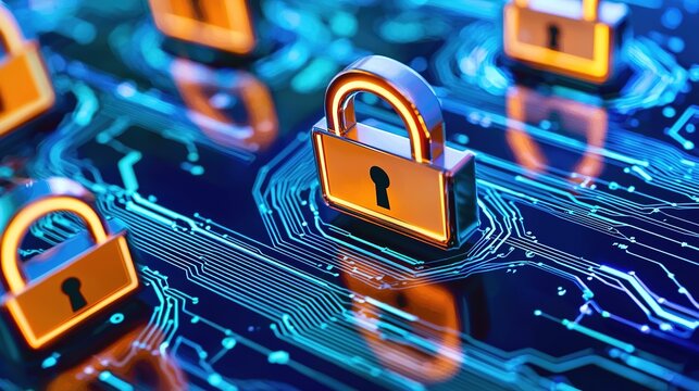 Digital locks on a circuit board symbolize cybersecurity and data protection in a technology-driven world.