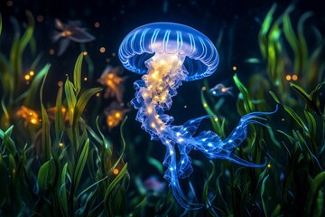 Fototapeta premium A neon blue jellyfish gliding gracefully through clear waters with bioluminescent creatures in the background