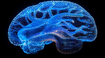 Fototapeta premium A brain silhouette filled with a hexagonal grid illuminated against a dark background
