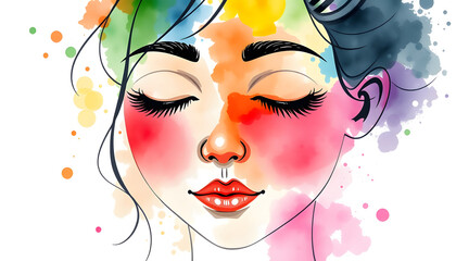Harmony. Creative paitning face. Watercolor design element isolated with white highlights, png