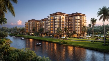 A modern apartment complex with a waterfront view and lush landscaping.