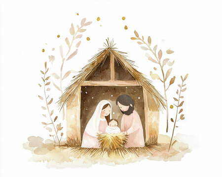 Dibujo del portal de bel&eacute;n  rodeado de &aacute;rboles, con San Jos&eacute;, ni&ntilde;o Jesus y la virgen mar&iacute;a, adorando al ni&ntilde;o nacido reposando en una cuna de paja