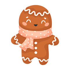 Vector gingerbread man in a pink scarf with hearts, isolated on a white background. Winter homemade sweets, gingerbread man. Gingerbread vector illustration in flat style.