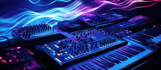 A music studio setup with a keyboard, mixer, and other music equipment in a dark room with blue and purple neon lighting.