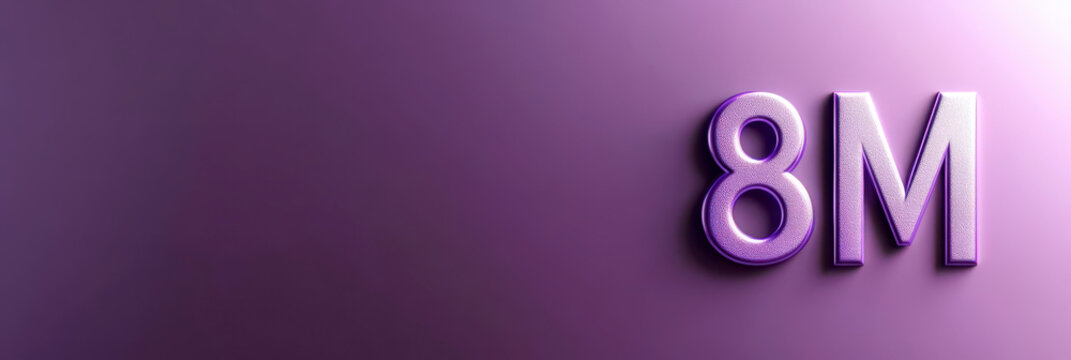 International Women's day celebration with stylish 8M text on purple background for event promotion. Horizontal banner. Copy space. Purple text 8M on a purple background. For poster, web, social media