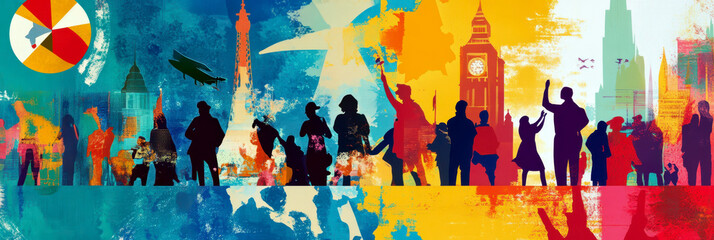 Obraz premium Vibrant Commonwealth day celebration with diverse cultural silhouettes and iconic landmarks. Horizontal banner. Copy space. Flat illustration