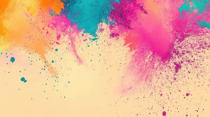 Vibrant Holi festival celebration with colorful powder explosions. Watercolor illustration. Horizontal banner. Copy space. Festival of colors, love, and spring. Multicolored holiday template