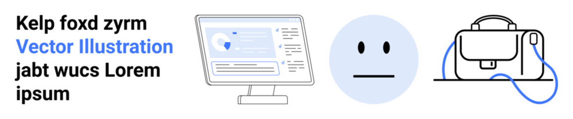 Computer monitor displaying map with GPS pin, neutral face emoticon, and a messenger bag. Ideal for tech tutorials, navigation apps, mood representation, online shopping guides, education, business