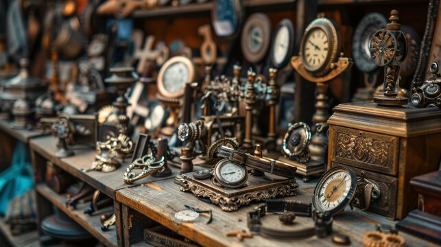 Vintage antiques and clocks collection on wooden shelves
