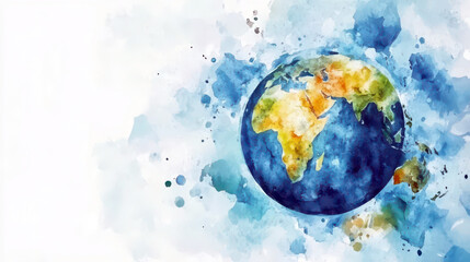 Watercolor earth illustration celebrating world meteorological day. Horizontal banner. Copy space. Climate change concept. Global warming problem. Watercolor illustration