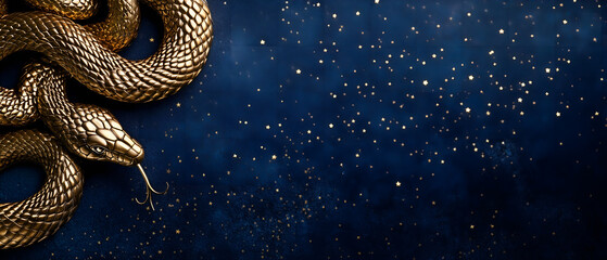 golden chinese snake isolated over blue background with golden sparkles; concept of new lunar year greeting card with copy space