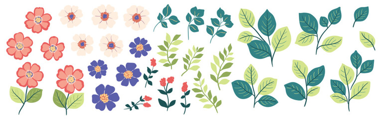 Set of botanical elements, simple hand drawn plants in cute naive cartoon style. Collection of isolated objects: flower buds, small flowers branches, leaves, green foliage. Floral vector illustration.
